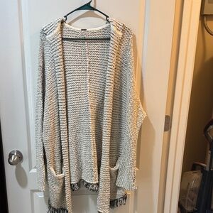 Free People Cream Open-Front Knit Cardigan with Fringe Trim